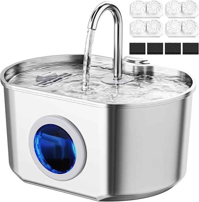 Cat Water Fountain Stainless Steel: 74oz/2.2L Cat Fountain for Drinking- Pet Water Fountain Inside - Automatic Dog Watering Dispenser Bowl - Pet Feeding & Watering Supplies (4 Filters)