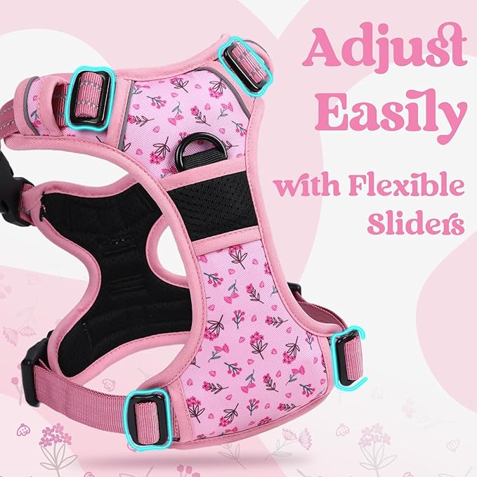rabbitgoo Dog Harness for Large, No Pull Pet Harness with 3 Buckles, Adjustable Soft Padded Vest with Control Handle, Walking Reflective Pet Vest for Large Dogs, Floral Pink, L