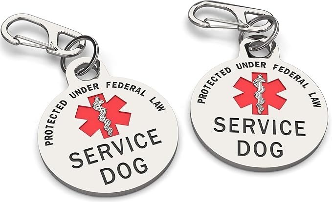 Service Dog Tag Double Sided with Federal Protection & Red Medical Alert Symbol | 1.25 Inch Durable Pet ID Tags | Easily Attach to Collar, Harness, Vest | Service Dog Identification Tag