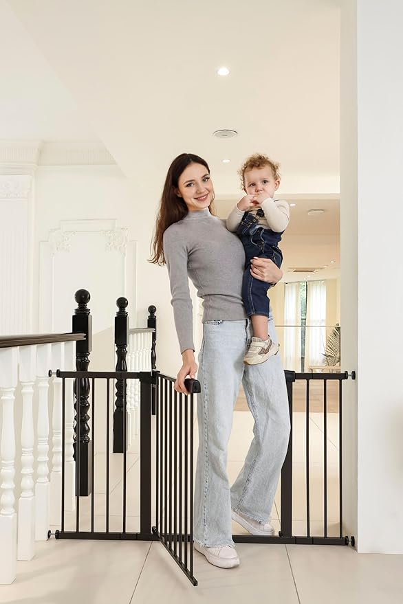 29"-57" Baby and Pet Safety Gate, 30" Tall Metal Walk-Thru Gate for Doorways & Stairs, Easy One-Hand Open, Dual Lock, Extensions & Wall Mounts Included (Brown, 29"-54" W x 30.5“H)