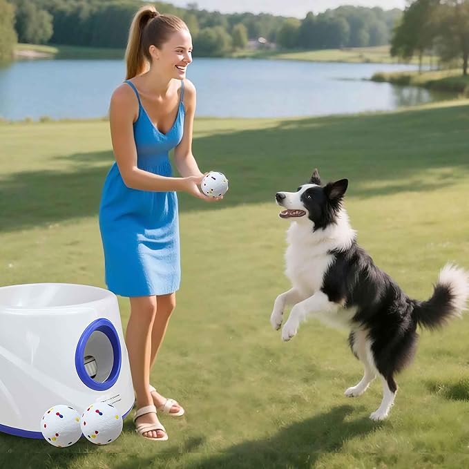 Automatic Ball Launcher for Dogs,Dog Ball Thrower Launcher with 3 Launching Distance 20-45FT,6 2.3 Inch ETPU Tennis Balls,Interactive Dog Toys Indoor Outdoor Ball Thrower Machine for Small/Medium Dogs