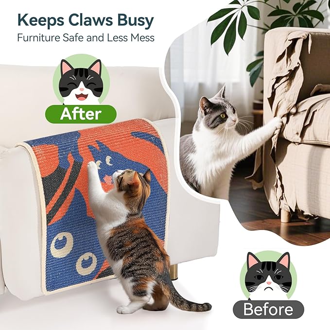 3-in-1 Sisal Cat Scratcher Mat 23.6x15.7'' Protects Carpet Couch & Furniture with Sticker Tape, Floor & Wall Cat Scratching Pad, Anti-Slip, Durable for Indoor Outdoor Cats (Vivid Orange)
