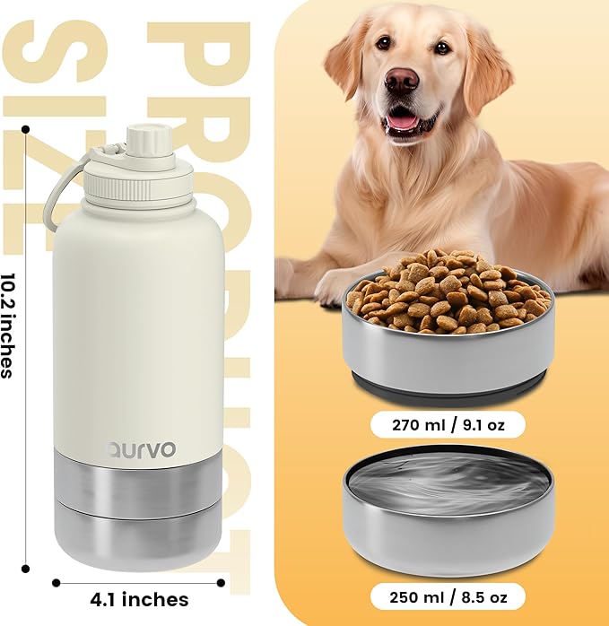 32oz Dog Water Bottle with Bowls - Leakproof Insulated Stainless Steel, Portable Travel Bottle for Hiking, Camping, Outdoor Use (Pearl White, 32oz)