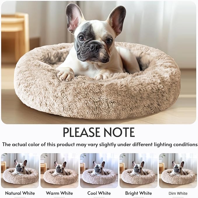 JOLLYVOGUE Calming Dog & Cat Bed for Large Dogs, Anti-Anxiety Donut Cuddler Cozy Soft Round Bed with Anti-Slip Bottom, Fluffy Faux Fur Plush Cushion Beds for Medium Dogs (36")
