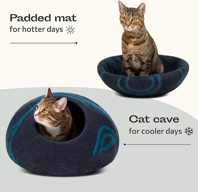 MEOWFIA Cat Cave – Premium Felt Cat Bed for Indoor Cats, Handmade 100% Merino Wool (Dark Shades) (Large, Black Aqua)