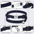 Leather Cat Collar with Buckle and Removable Bell - Non Breakaway Adjustable Soft Safety Small Pet Collars for Girl Boy Cats Kitten (Navy Blue)
