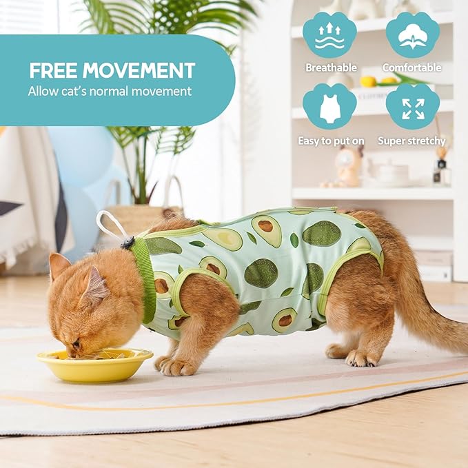 Avont Cat Recovery Suit - Kitten Onesie for Cats After Surgery, Cone of Shame Alternative Surgical Spay Suit for Female Cat, Post-Surgery or Skin Diseases Protection -Avocado(L)