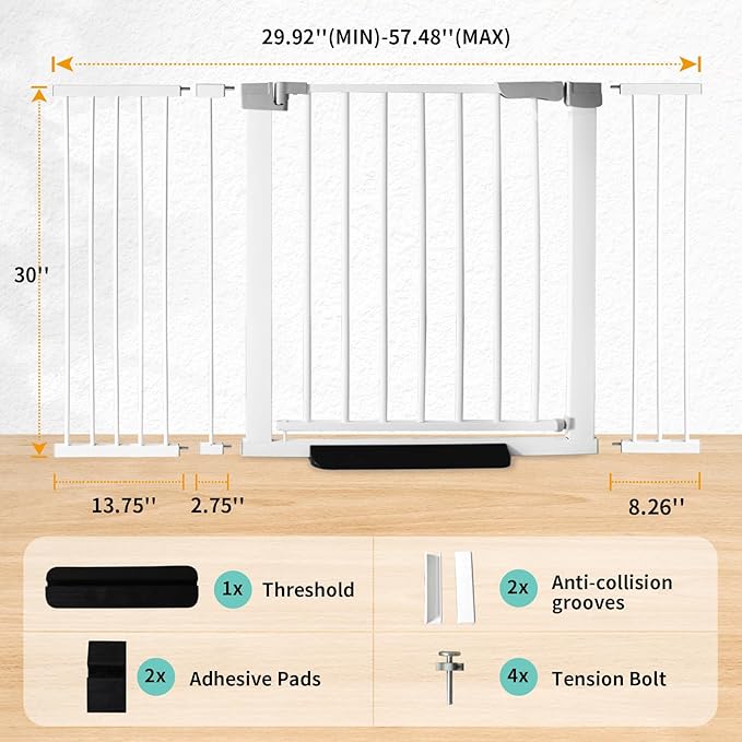 30 Inch Tall Cat Pet Gate Baby Gate Auto Close Pet Gate Adjustable 29.92""-57.48"" Wide Pressure Mounted Walk Through Swing Safety Pet Gates Child Gate (29.92""-57.48"" Wide), White