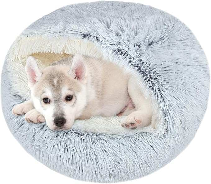 Calming Cat Beds, Fluffy Plush Round Cat Cave Washable, Cozy Warming Anti-Slip Small Dog Bed for Puppy and Kitten, Soft Anti Anxiety Pet Nest (28×28 inch, Grey)