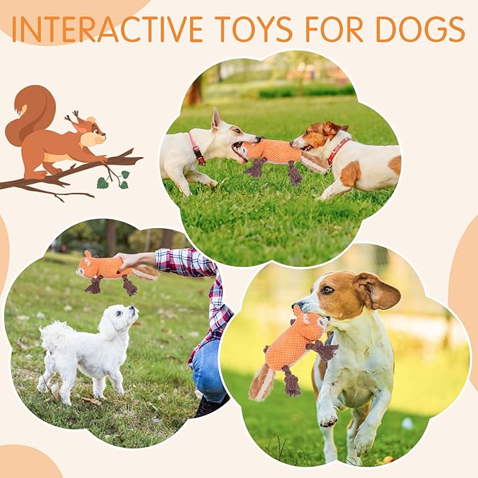 SCENEREAL Tug of War Stuffed Dog Toys for Small Medium Large Dogs,Durable Squeaky Interactive Dog Chew Toys, Keep Them Busy Dog Chew Guard Technology with Rope for Training Indoor(Squirrel, Orange)