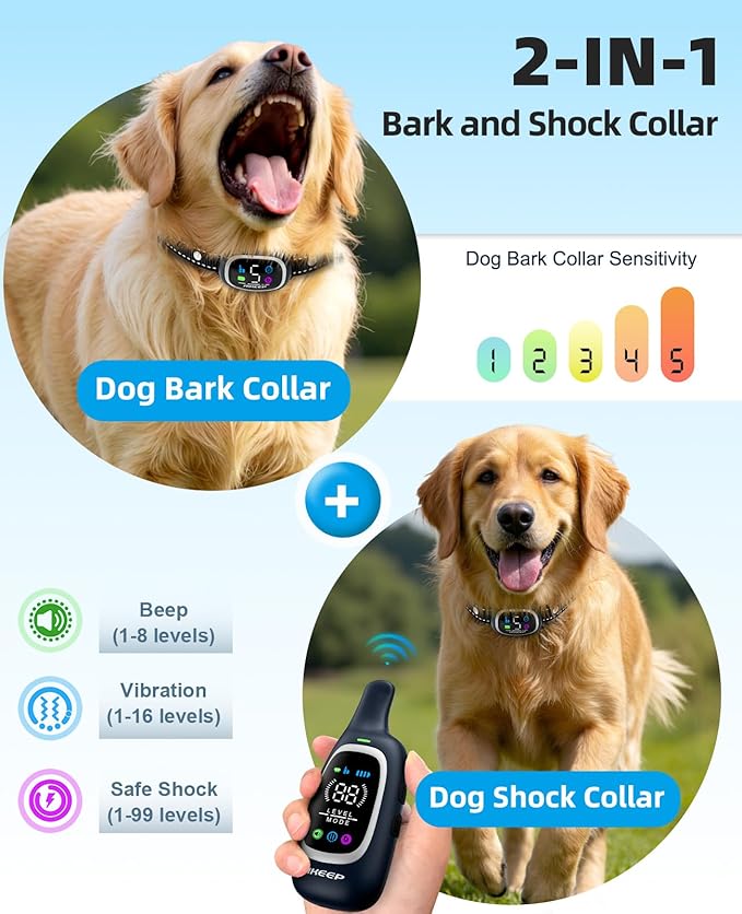 2-in-1 Dog Shock Collar and Bark Collar for Dogs – 3300FT Dog Training Collar with Remote, IP67 Waterproof e Collar with Anti-Bark/Beep/Vibration/Shock Modes for Small Medium Large Dog(8-120Lbs)