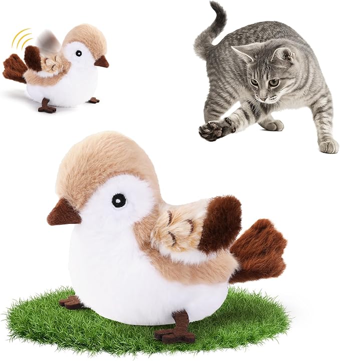 Rechargeable Cat Toys Flapping Bird，Touch-Activated Interactive Toy with Lifelike Chirp for Indoor Cats & Kittens Exercise （Sparrow）