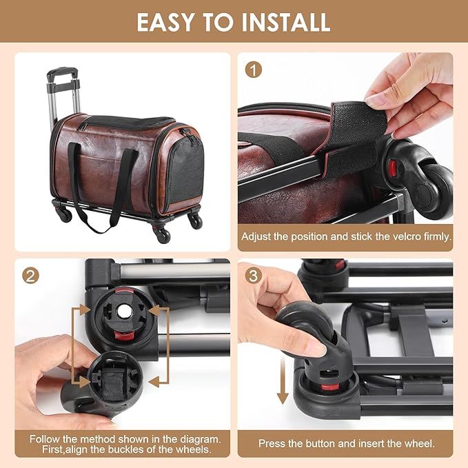 Leather Pet Carrier with Wheels, Airline Approved Travel Bag for Small Dogs & Cats Under 15 lbs, Rolling Pet Carrier for Airplane, Camping & Outdoor Coffee