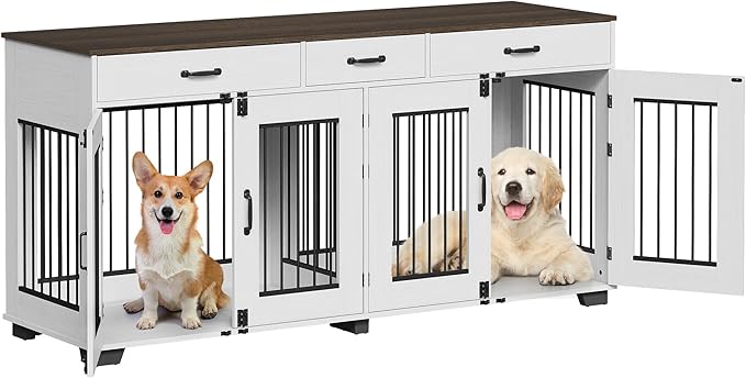 71'' Double Dog Crate Furniture, Large Dog Kennel Indoor with 3 Storage Drawers and Removable Divider for 2 Dogs, Heavy Duty Decorative Dog House TV Stand Side Table for Medium Large Dogs, White