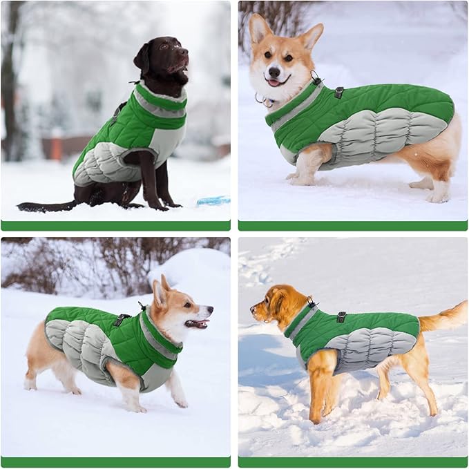 FUAMEY Dog Coat for Large Dogs,Waterproof Dog Winter Jacket with Harness Built in Puppy Cold Weather Coats Reflective Pet Vest with Zipper Warm Fleece Dogs Snowsuit Windproof Green XXL