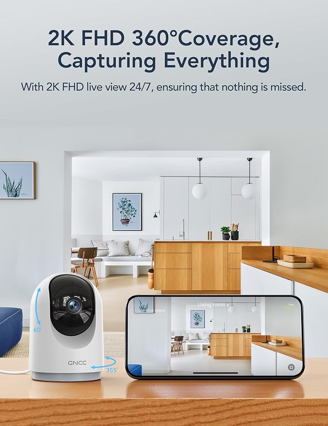 GNCC 2K Cameras for Home Security-Indoor Pan/Tilt Cameras for Baby Monitor/Pet Camera with Phone App, Night Vision, Motion Detection, 2-Way Audio, 24/7 SD Recordings, 2.4Ghz WiFi (2Pack)