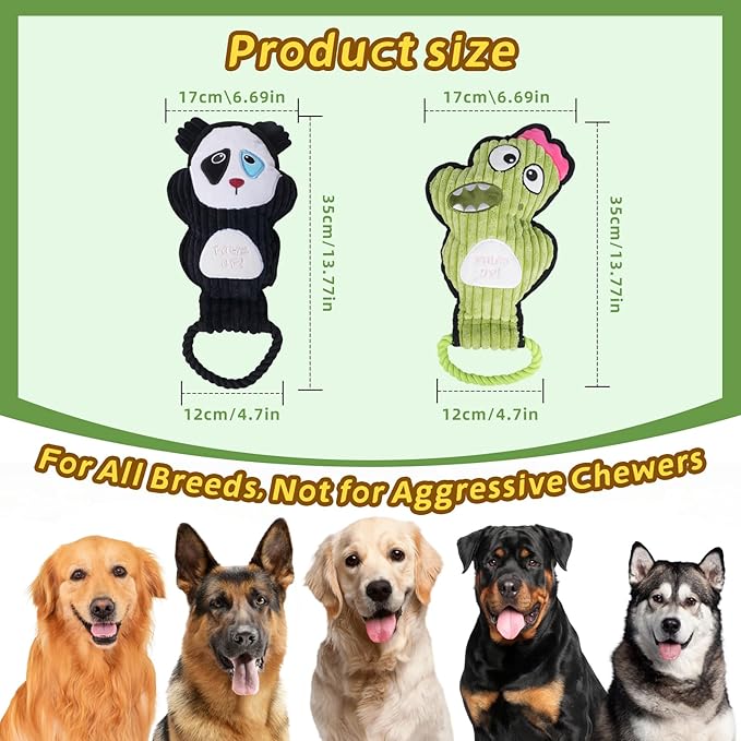 2-Pack Squeaky Dog Toys & Tough Tug of War Set - No Stuffing Chew-Resistant Plush Toys to Keep Them Busy, Best Birthday Gift for Small/Medium/Large Breeds (Panda & Dion)