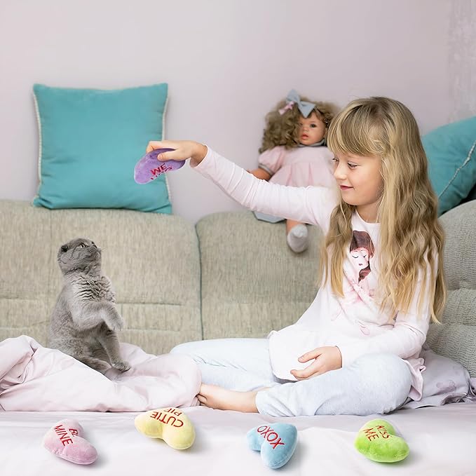 MALLMALL6 5Pcs Sweet Conversation Heart Catnip Toys Gift for Cat, Indoor Kitten Chew Bite Kick Candy Catmint Pet Supplies, Cute Interactive Cat Toy for Pet Presents