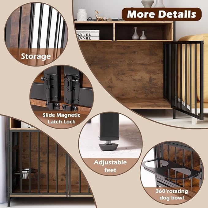 Large Dog Crate Furniture - 48" Vintage Brown Wooden Kennel for Big Dogs, Heavy Duty Chew-Proof Cage with 360° & Adjustable Raised Feeder, Dual Use as End Table or TV Stand