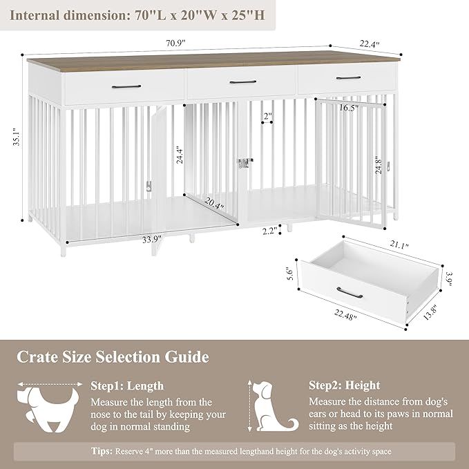 HOSTACK Double Dog Crates Furniture, 71" Wide Indoor Dog Kennel with 3 Drawers, Farmhouse Dog Cage for 2 Large/Medium Dogs, Heavy Duty Dog Crate with Removable Room Divider, Wooden Pet House, White