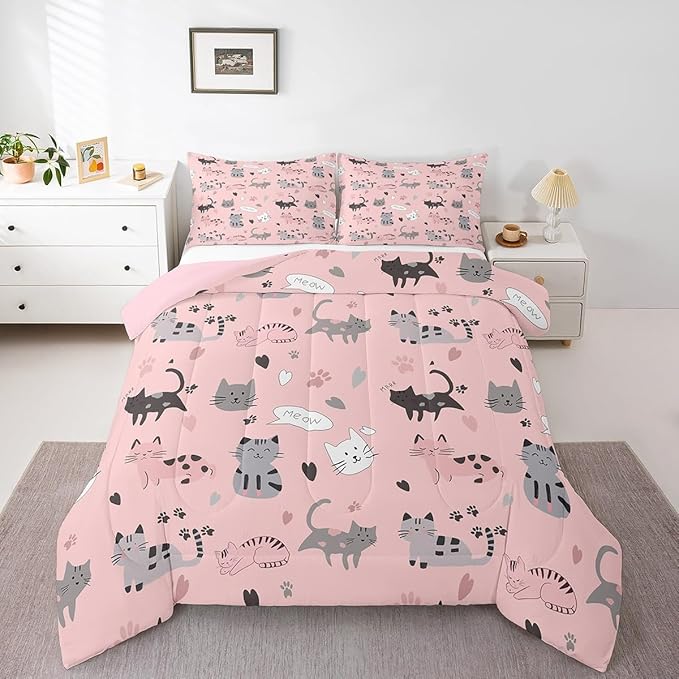 Erosebridal Kids Cat Comforter Set Full Cute Pet Bedding Set for Girls Pink Kitten Bedding Comforter Sets Kawaii Cat Paws Duvet Insert Cartoon Animal Theme Quilted Comforter Lovely Bedroom Decor 3pcs