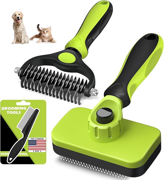 3PCS Self Cleaning Slicker Brush & Pet Grooming Rake & Bath Brush for Dogs,Cats and Horses | Double-Sided Dematting Comb & Skin Friendly Deshedding Grooming Tool (J-Green Black)