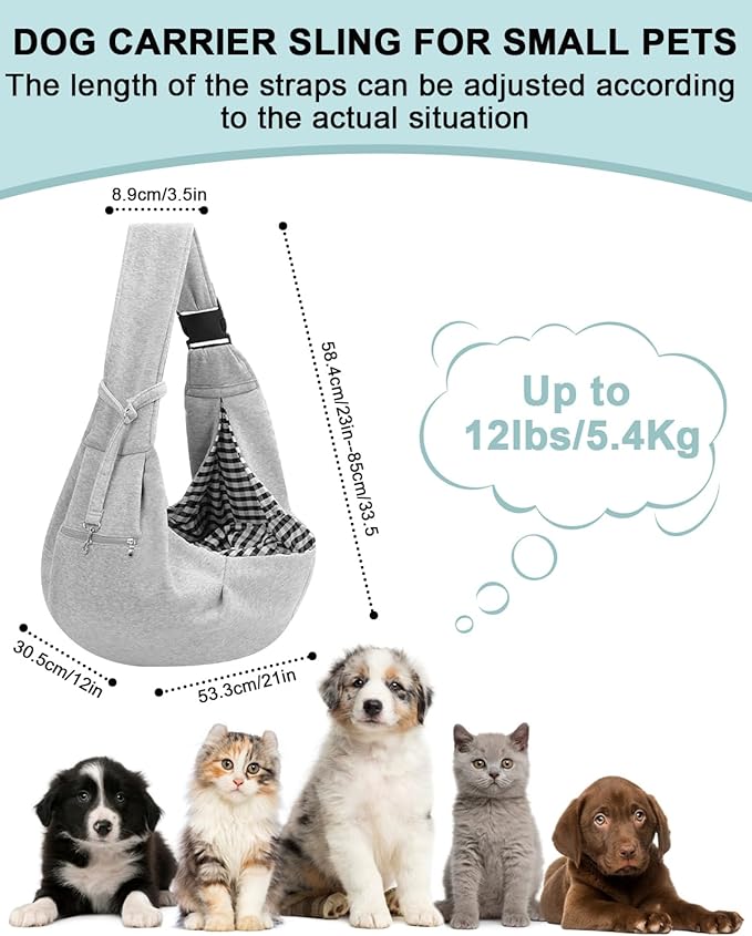 Dog Carrier Sling for Small Dogs and Cats(0 to 12 lbs), Puppy Sling Carrier with Adjustable Strap, Travel Safety Harness, Hands-Free Pet Carring Holder Travel Bag for Outdoor, Gray