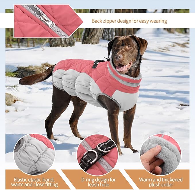 Dog Coats for Large Dogs,XL Dog Coat,Warm Fleece Winter Coat with D-Ring,Back Zipper Pet Jacket for Large Dogs,Waterproof Pet Snow Jacket Clothes Snowsuit Beagle Corgi Border Collie,Pink,XL