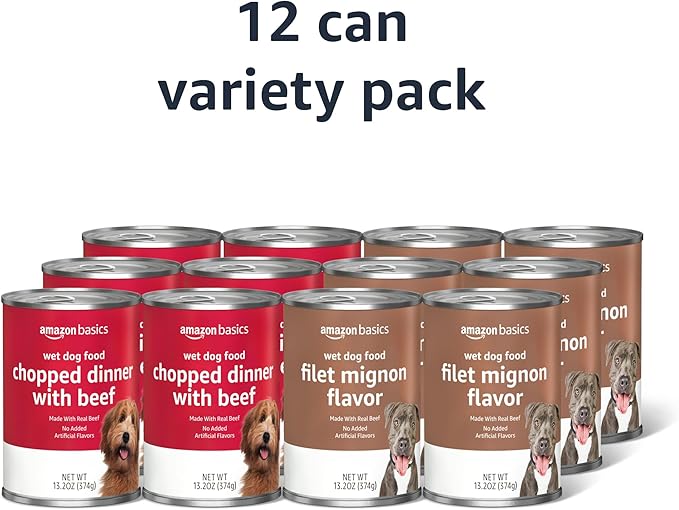 Amazon Basics Chopped Ground Dinner Wet Dog Food Variety Pack, Filet Mignon Flavor and with Beef, Made with Natural Ingredients, 13.2oz Cans (Pack of 12)