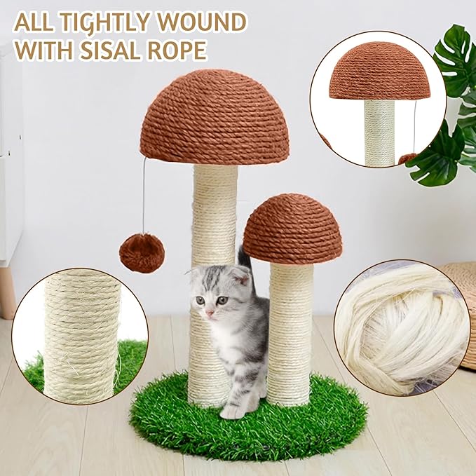BNOSDM Mushroom Cat Scratcher with 2 Sisal Poles, Cat Scratching Post Pet Interactive Toy Scratch Post with 12 Pcs Cat Toys and Hanging Ball for Indoor Kitten Kitty Small Cats (Grey)