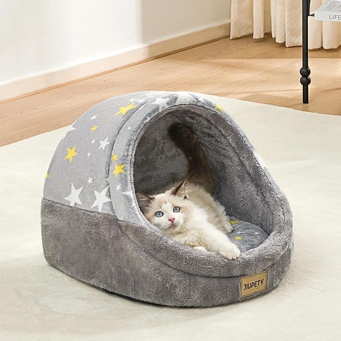 Jiupety Cat Beds for Indoor Cats, Cute Cat Cave Bed and Kitten Bed, Large Cat Cave and Covered Cat Bed with Anti-Slip Bottom, Washable Removable Cushion, M(16"x16"x13"), Gray Star.