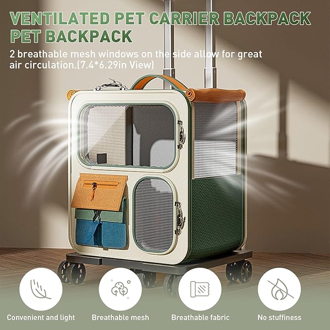 Cat Carrier with Wheels, Soft Rolling Pets Carrier Collapsible on Wheel Pet Handbag Cats Backpack, Dog Carriers up to 23 LBs Removable Cat Bag for Small Dogs Medium Cats Outing(NOT for TSA)
