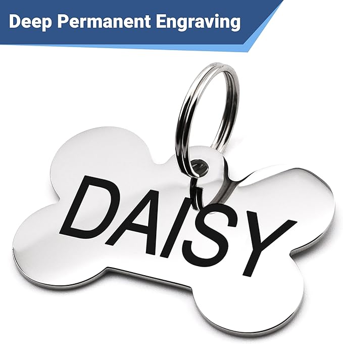 GoTags Dog Tags Personalized Engraved Pet ID Tags, Stainless Steel, Front and Backside Engraving, Available in Bone, Round, Heart, Bow Tie and More, Small and Large Dog and Cat (Pack of 1)