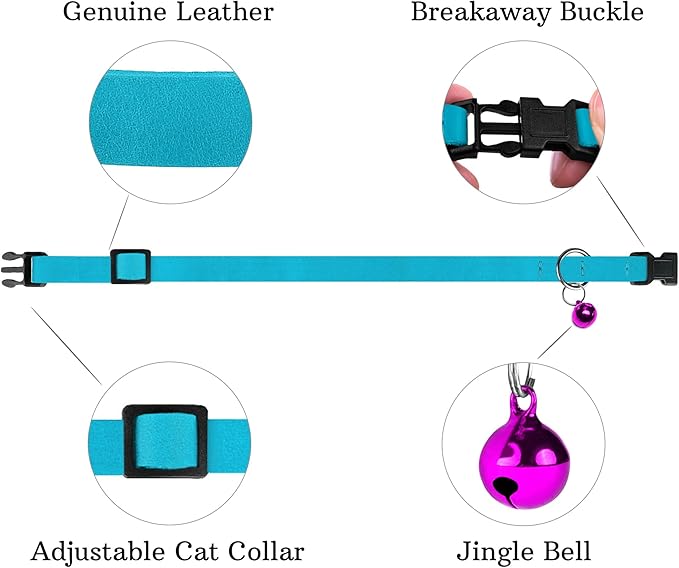 Breakaway Cat Collar Leather with Removable Bell - 13 Colors Available - Soft Adjustable Girl Boy Safety Lightweight Pet Kitten Collars Pink Brown Blue Green Red Orange Black (Aquamarine)
