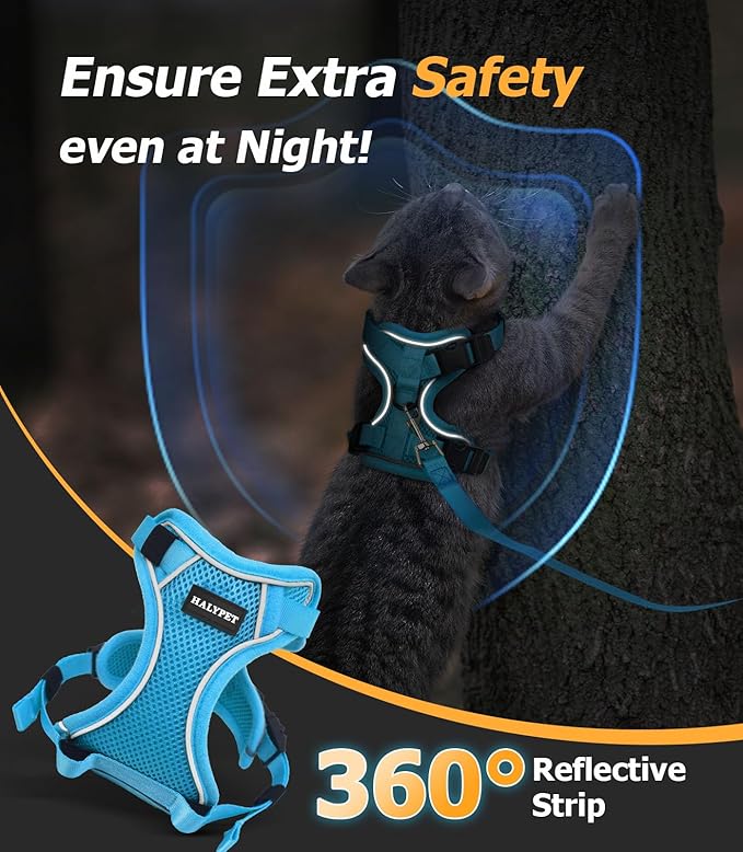 Halypet Cat Harness and Leash Set [MAX Safety 4th-Gen Upgrade] Escape Proof Adjustable Cat Leash Comfortable Soft Vest Easy to Wear Kitten Harness with Reflective Strip for Cats Walking, S SkyBlue