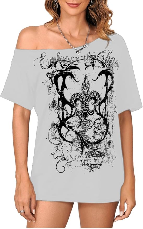 SOLY HUX Women's Off The Shoulder Tops Graphic Tees Y2k Vintage Gothic Oversized T Shirts Streetwear