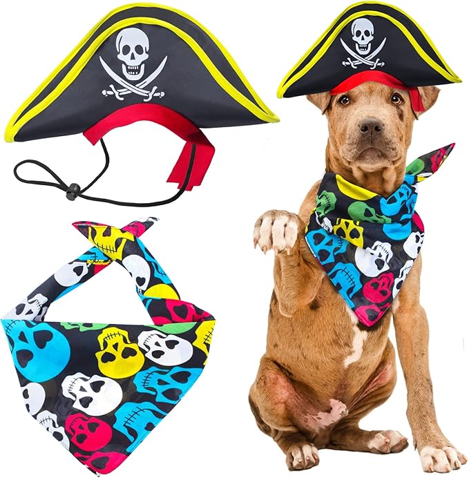 2 Pieces Skull Print Pet Pirate Hat with Pirate Skull Bandana Dog Cat Captain Cap Halloween Pirate Cosplay Costume Halloween Party Hat Dress Up Costume Accessories (D) One Size