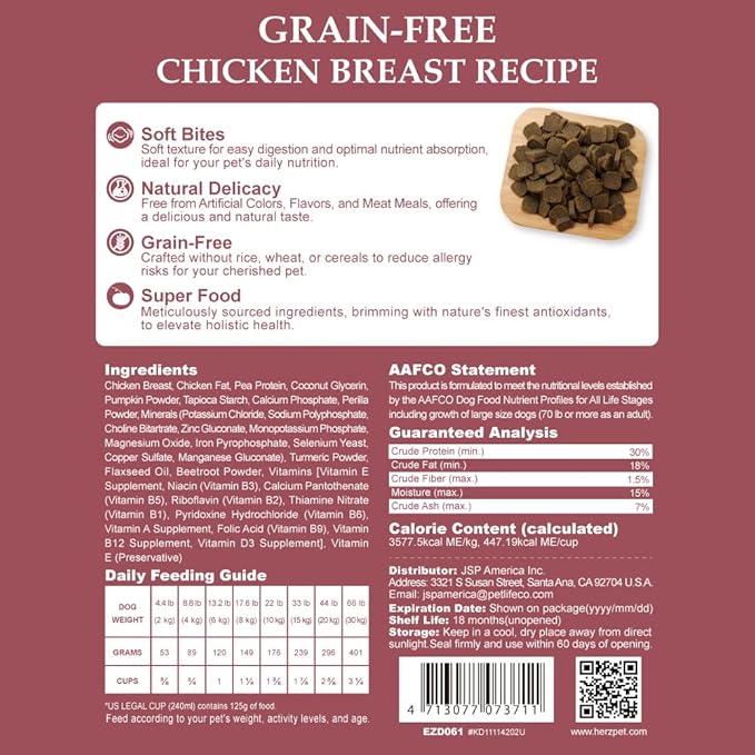 Herz Air-Dried Dog Food – Chicken Breast Recipe 2 lb, Single Pure-Meat, Grain Free, All Natural, High Protein, Limited Ingredients