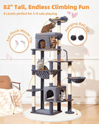 Taoqimiao 83In Heavy Duty Cat Tree, Suitable 20lb+ Large Cats, XXL-Cat Tower for Indoor Cats Large Adult, 2 Luxurious Cat Cando with 8 Scratching Posts,Oversized Metal Hammocks,Smoky Gray MS032G