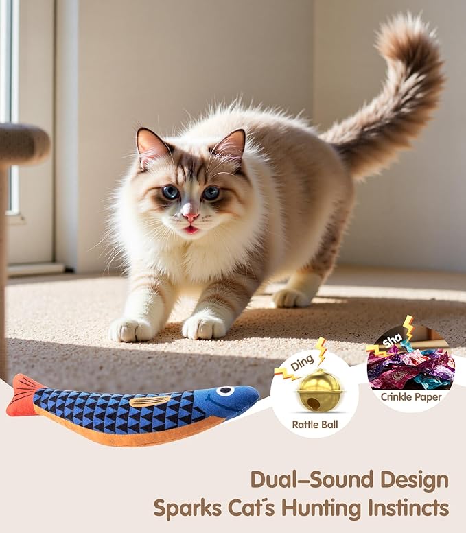 Cat Toys with[5000mg A+Natural Catnip &Silvervine] [Baby Grade] Interactive Soft Chew Kicker Cat Toys for Indoor Cats & Kittens, [Crinkle &Bell] Fish Sound Toy, Drives Bored Cat Crazy with Fun