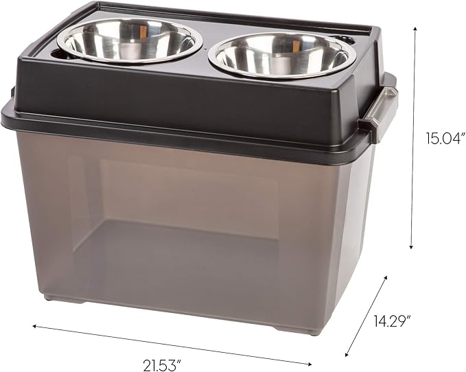 IRIS USA Elevated Dog Bowls, 15" H Raised Bowl for Large Dogs, Airtight Pet Food Storage Holds Up to 47 Lbs, 2 Removable 64 oz Stainless Steel Bowls, at Home or Camping, Smoke/Black
