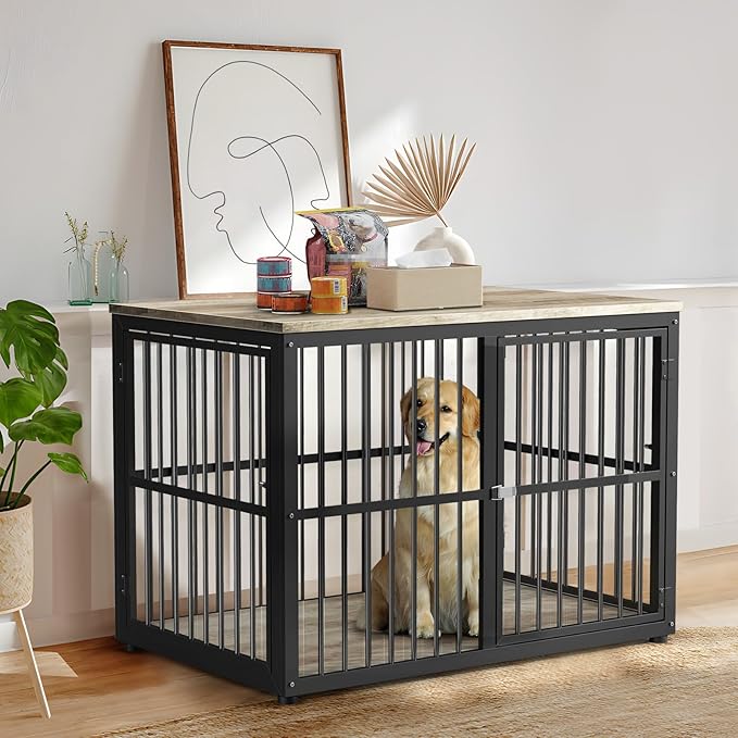 Lyromix 43'' Dog Crate Furniture with 3 Doors, XL Wooden Crate End Table, Heavy Duty Indoor Puppy Cage Kennel for Medium to Large Dogs, Multiple Units Can be Combined