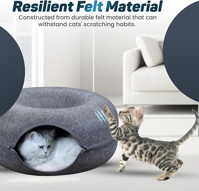 Peekaboo Large Cat Cave and Tunnel Bed - Donut Cat Bed for Indoor Cats up to 30-45 lbs, Scratch Resistant, Detachable & Washable, Cat Donut Tunnel (Dark Gray, Large)