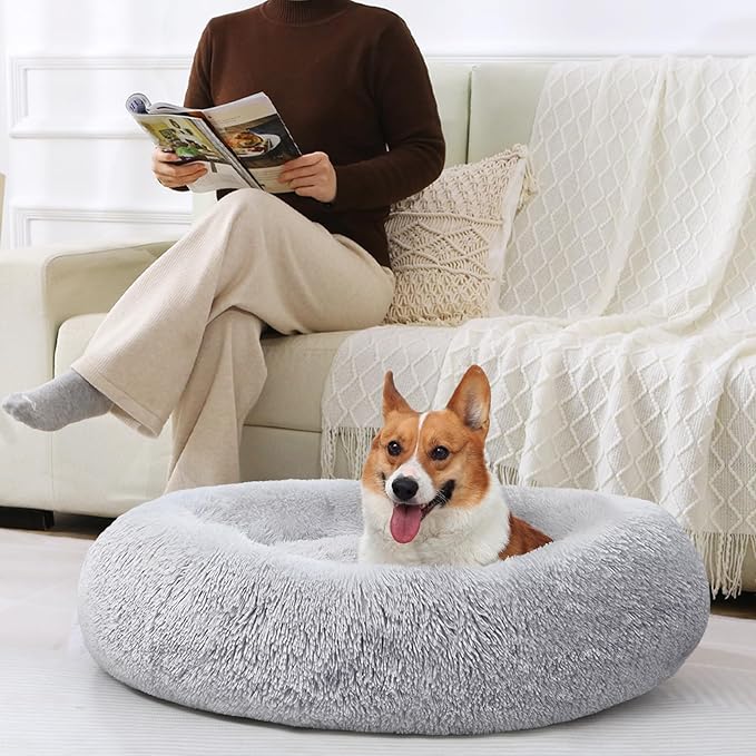 JOLLYVOGUE Dog & Cat Bed, Calming Anti-Anxiety Pet Bed for Small Dogs, Fluffy Donut Cushion for Small and Medium Pets (23")