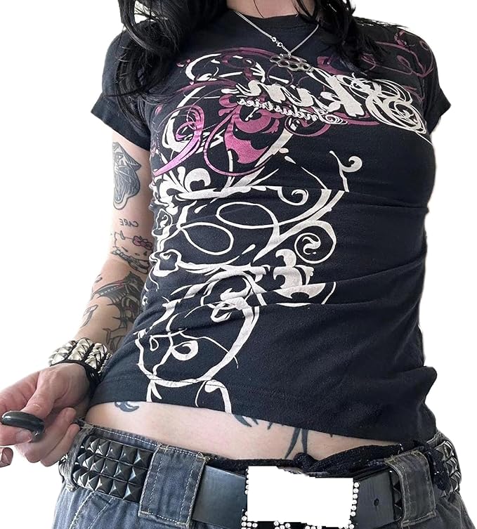 Gothic Tees for Women Y2K Grunge Graphic Short Sleeve Crew Neck T-Shirts 90s Vintage Aesthetic Emo Clothes