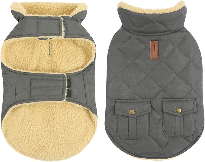 Queenmore Dog Winter Coat - Fleece Jacket, Waterproof Cold Weather Clothes, Thick Warm Cotton Padding, Easy On Storage Pockets (Grey, Large)