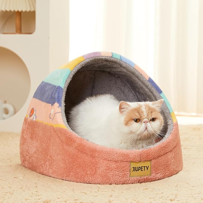 Jiupety Cute Cat Beds for Indoor Cats, Cat Cave Bed and Kitten Bed, Hideway Cat House and Cat Tent with Anti-Slip Bottom, Washable Removable Cushion, M(16"x16"x13"), Rainbow.