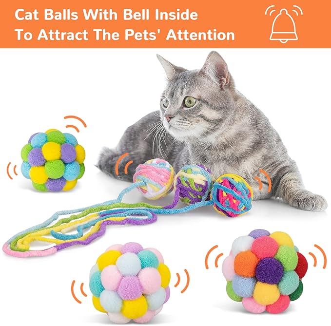 Retro Shaw Cat Toys Balls, 6Pcs Woolen Yarn Cat Ball Toy with Bell Inside, Christmas Kitten Toys for Indoor Cats Kitty, Chew Toys Jingle Pompom Ball with String