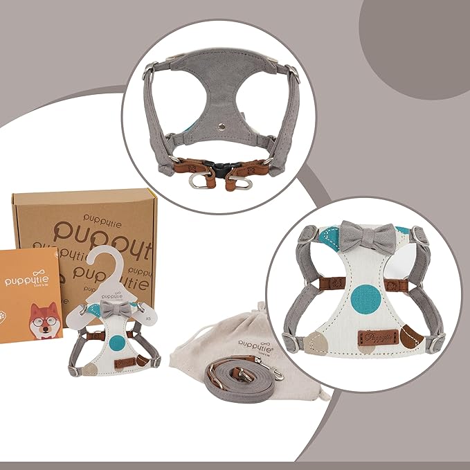 Puppytie No Pull Dog Harness with Multifunction Dog Leash,Soft Adjustable No Choke Escape Proof Pet Harness Vest for Medium Dogs,Polka dots Smoke Grey,M