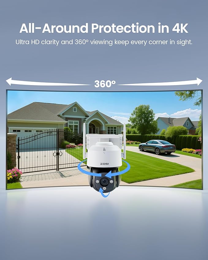 ZOSI C290 4K 8MP UHD Wired WiFi Security Camera Outdoor Indoor, Plug-in Pan/Tilt IP Camera, AI Human Face Vehicle Detection, Auto Tracking, Night Vision, Siren Alarm, 2-Way Audio, 64GB Memory Card